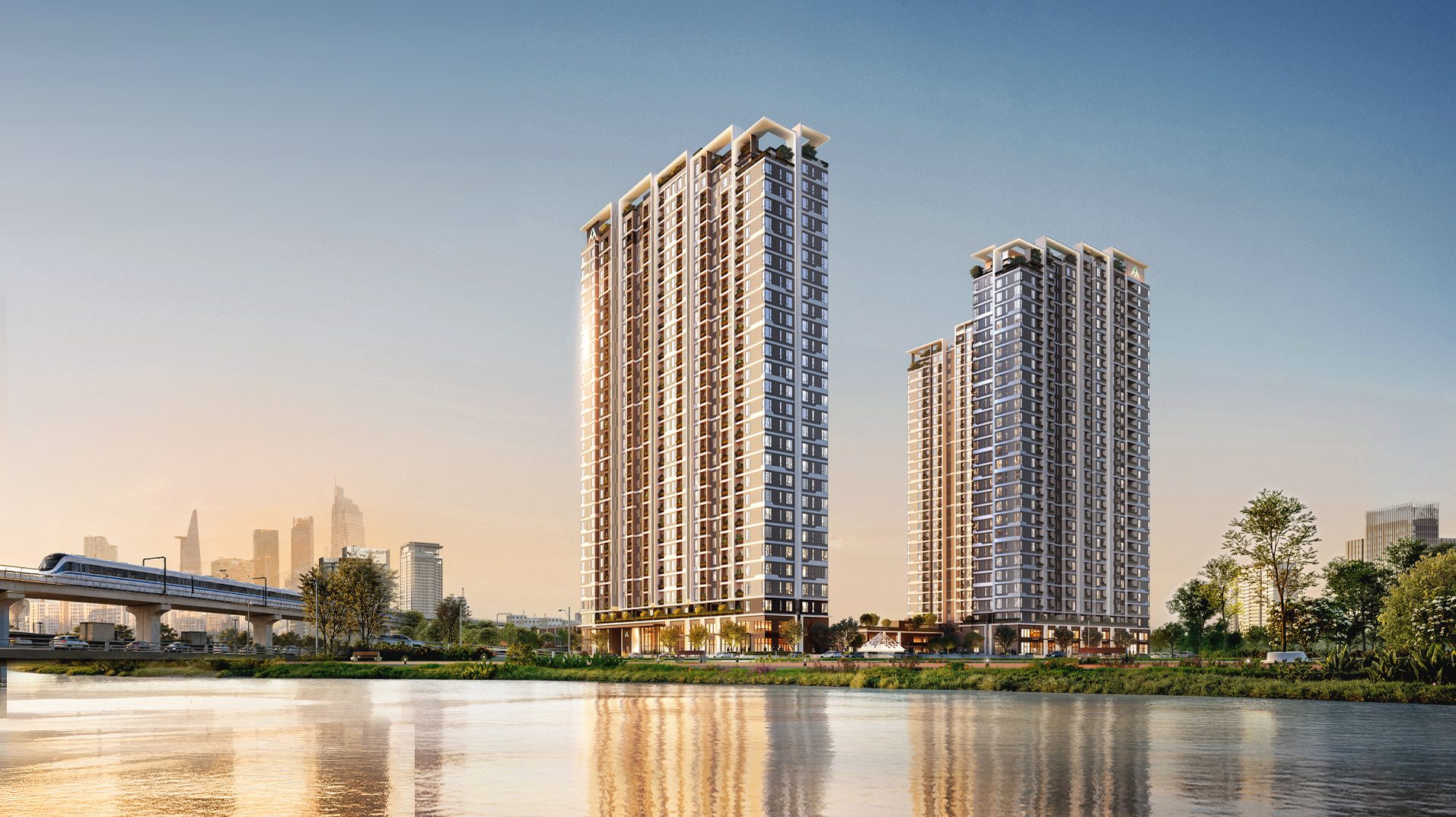Phối cảnh TT Genesis bên sông với tuyến metro chạy qua