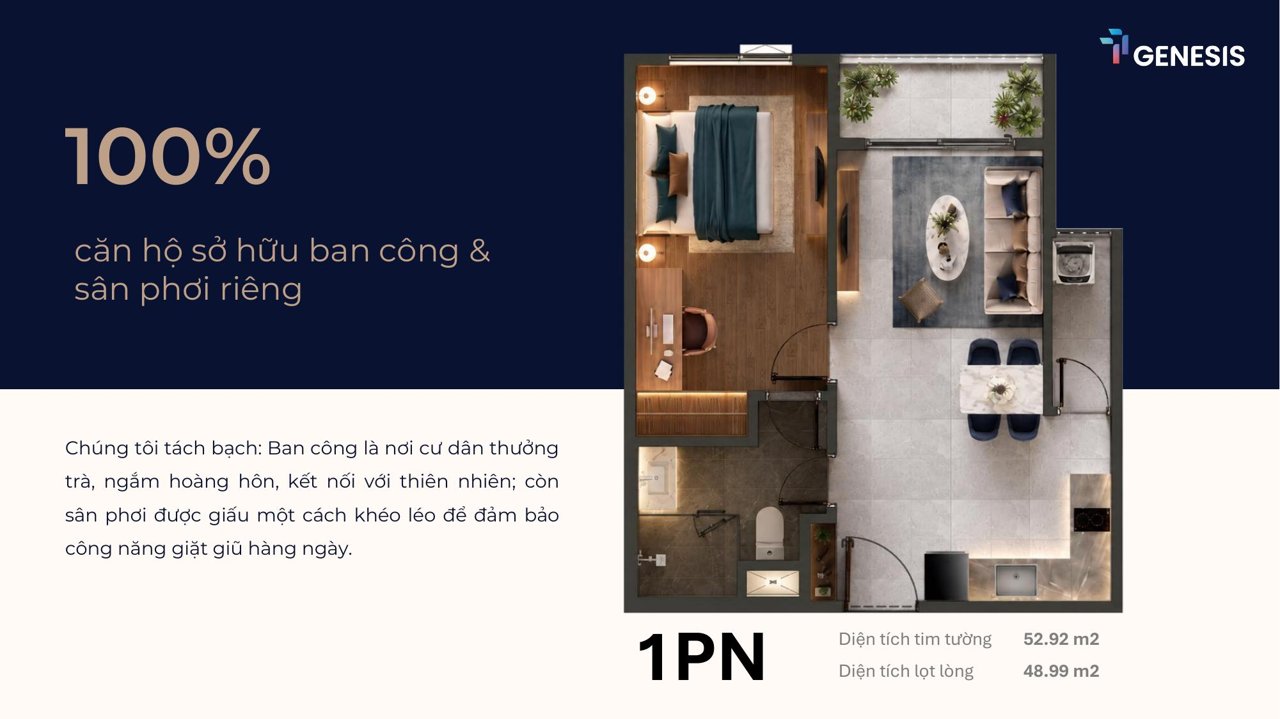 Mặt bằng căn 1 phòng ngủ TT Genesis 52,92 m² tim tường, 48,99 m² thông thủy