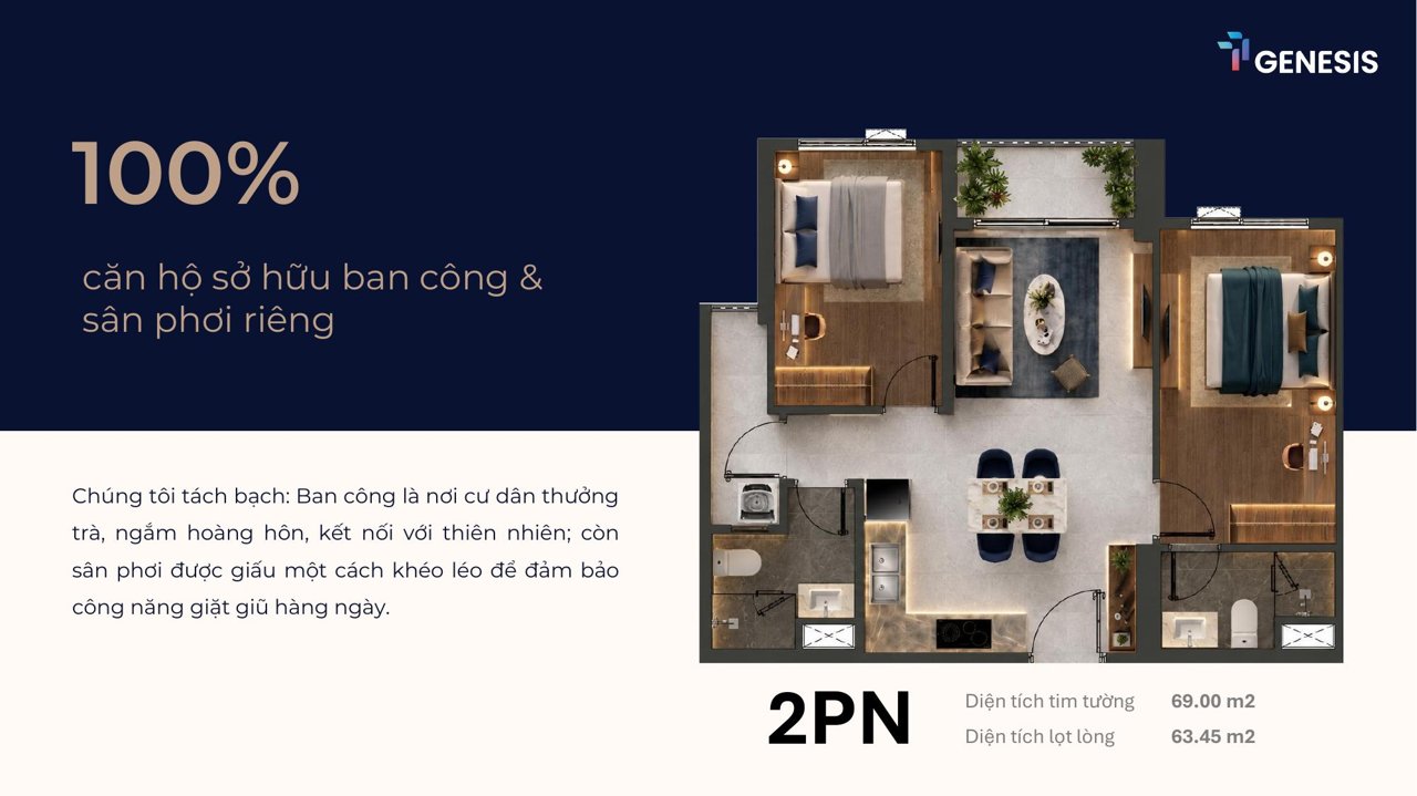Mặt bằng căn hộ 2 phòng ngủ TT Genesis 69,00 m² tim tường, 63,45 m² thông thủy