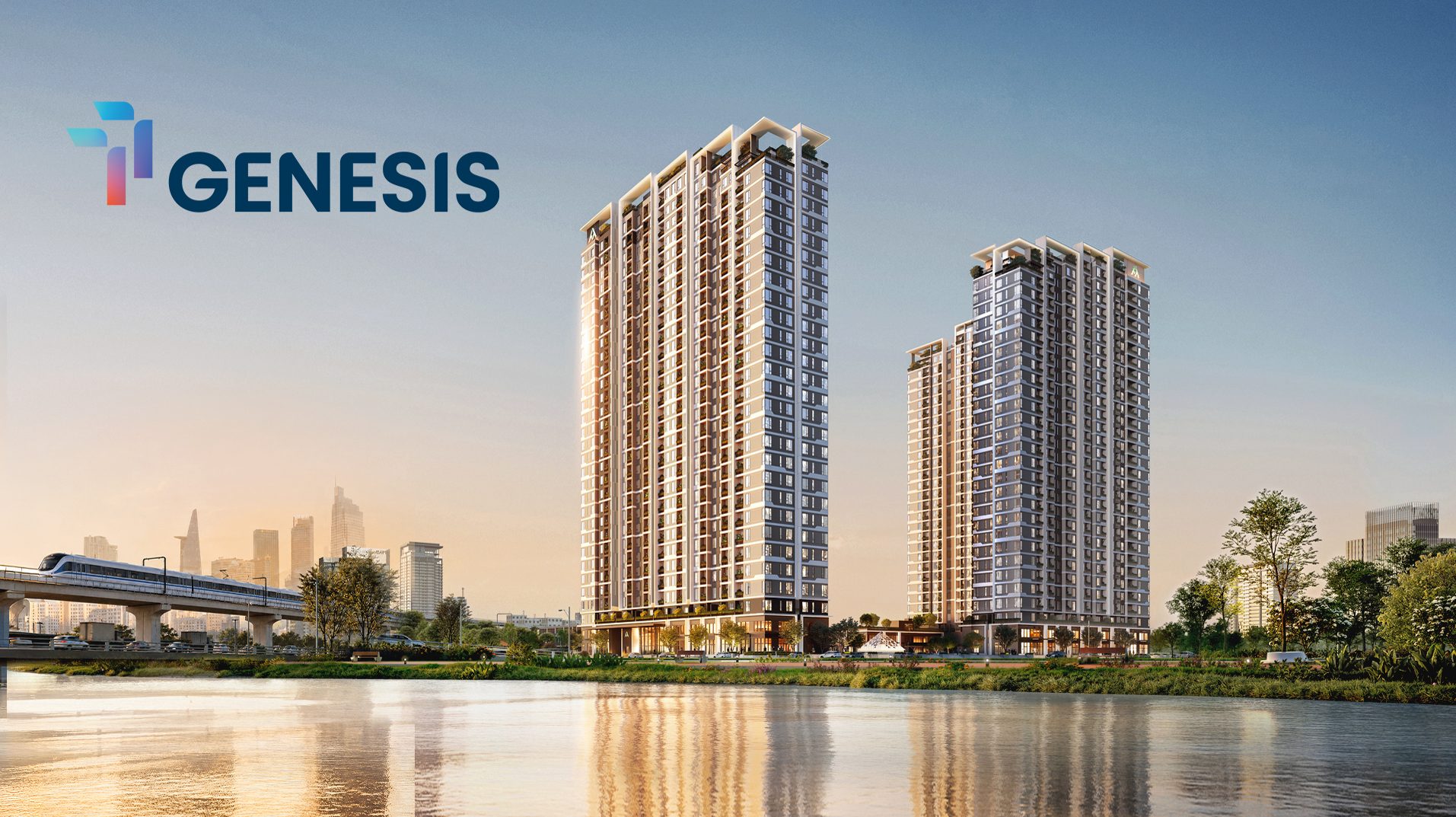 Phối cảnh tổng thể TT Genesis – hai tháp The Maris và The Lucis bên sông tại Nhà Bè